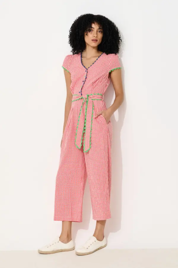 Marleen Gingham Ric Rac Trim Cropped Jumpsuit - Red