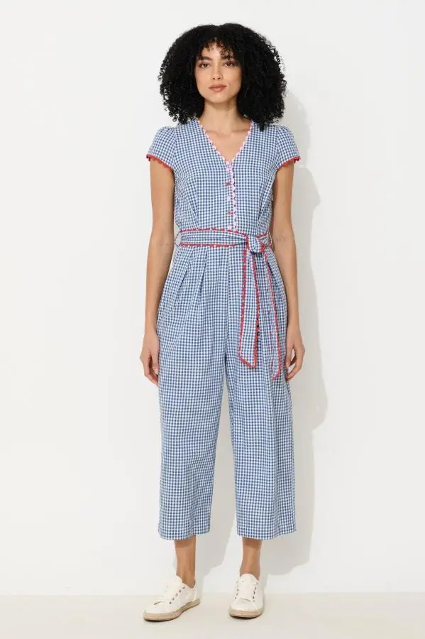 Marleen Gingham Ric Rac Trim Cropped Jumpsuit - Blue