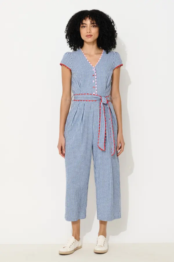 Marleen Gingham Ric Rac Trim Cropped Jumpsuit - Blue