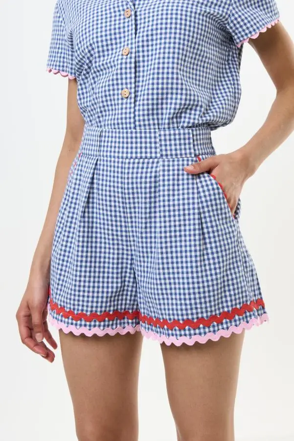 Hilton Gingham Ric Rac Trim Shorts - Blue