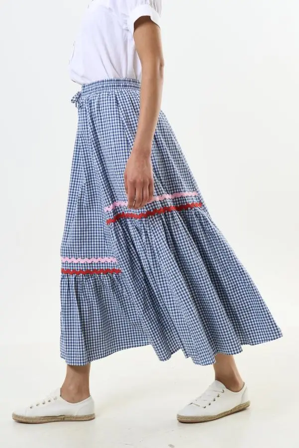 Jill Gingham Ric Rac Trim Tiered Midi Skirt - Blue