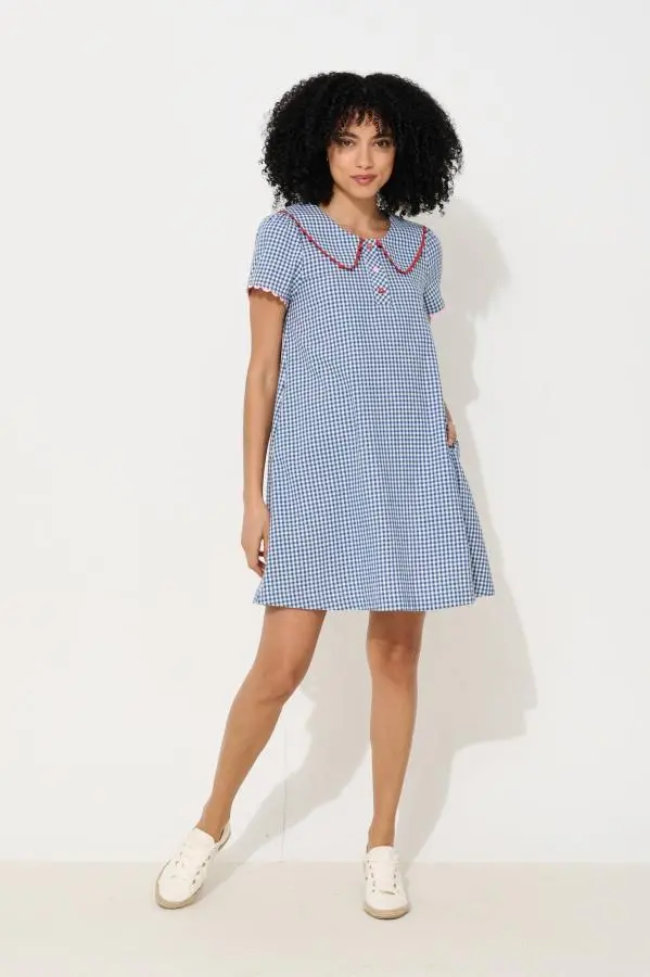 Dot Gingham Ric Rac Trim Statement Collar Mini Dress - Blue
