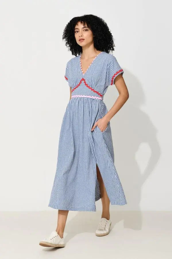 Unity Gingham Ric Rac Trim V-Neck Midi Dress - Blue