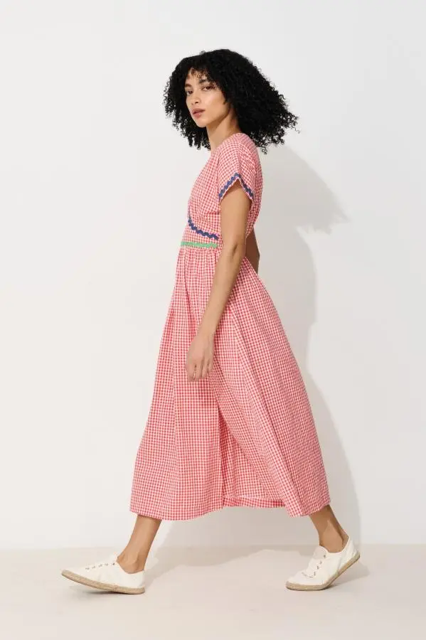 Unity Gingham Ric Rac Trim V-Neck Midi Dress - Red