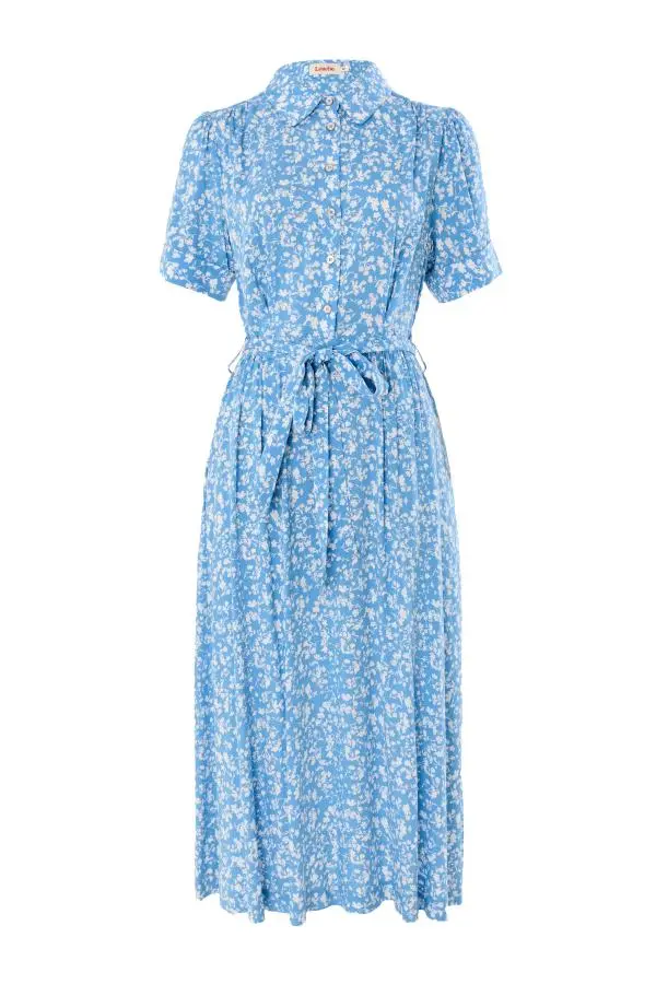 Inesa Negative Floral Print Short Sleeve Midi Shirt Dress - Blue