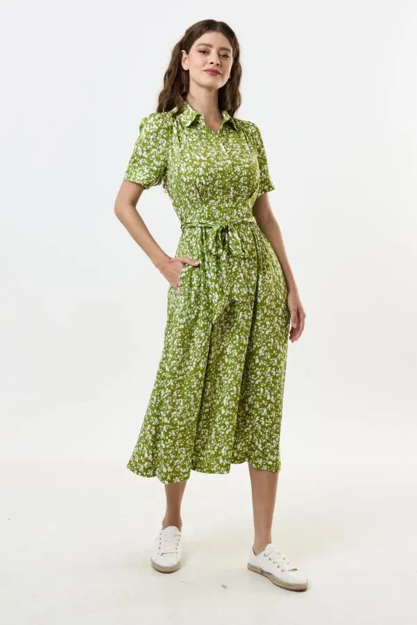Inesa Negative Floral Print Short Sleeve Midi Shirtdress - Green