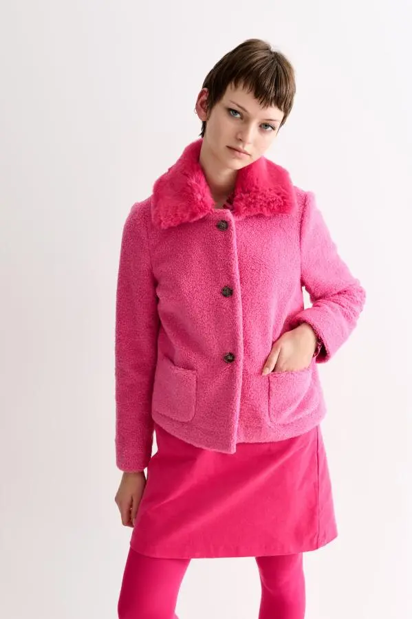 Apple Borg Faux Fur Collar Cropped Jacket – Pink
