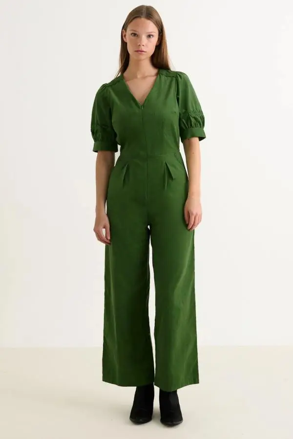 Finlay Babycord V Neck Ric Rac Trim Jumpsuit - Olive Green
