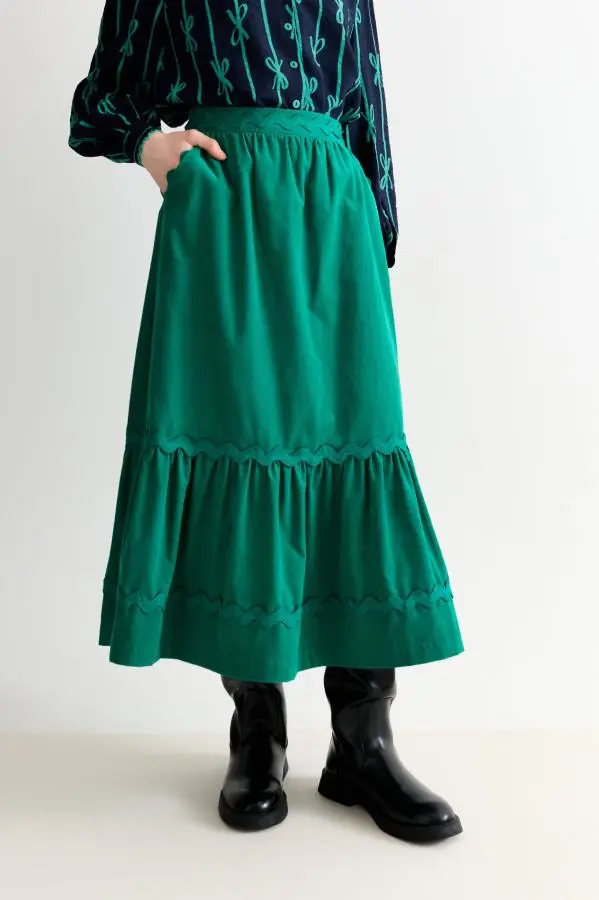 Montana Babycord Ric Rac Trim Tiered Midi Skirt - Teal