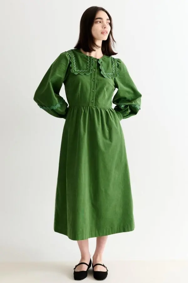 Prudence Babycord Big Collar Ric Rac Trim Midi Dress - Olive
