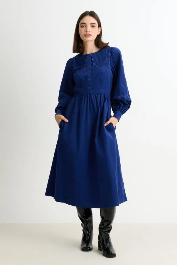 Prudence Babycord Big Collar Ric Rac Trim Midi Dress - Navy