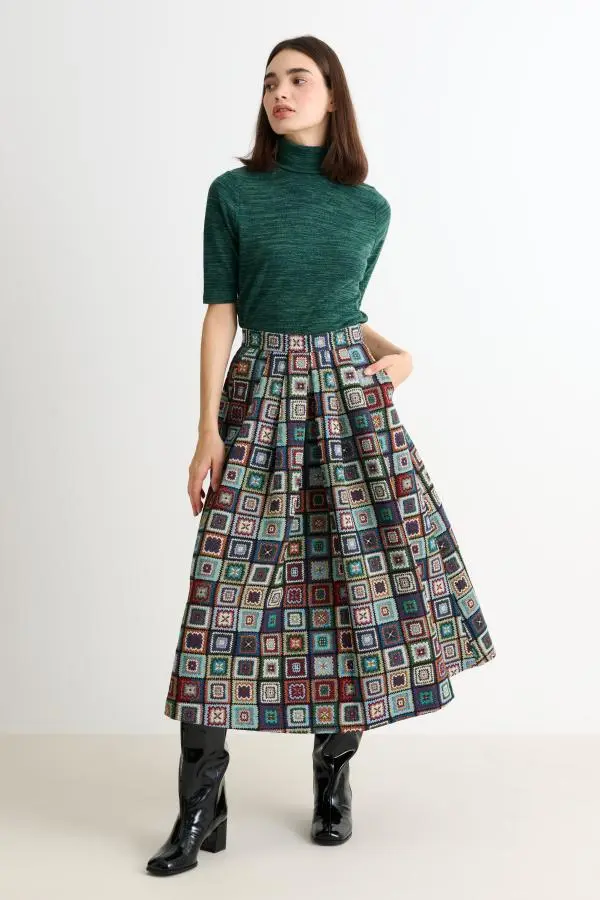 Pasadena 70'S Patch Jacquard Midi Skirt - Multicoloured
