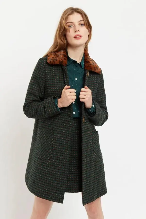 Louche Dryden Cottage Check Faux Fur Collar A Line Coat Green