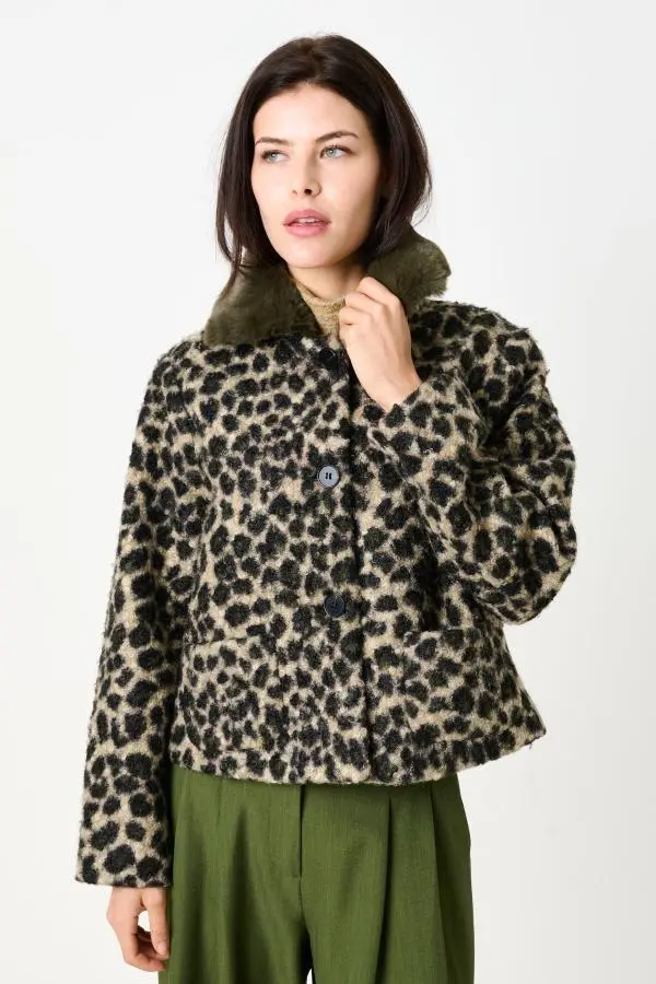 Apple Animal Teddy Faux Fur Collar Jacket - Green
