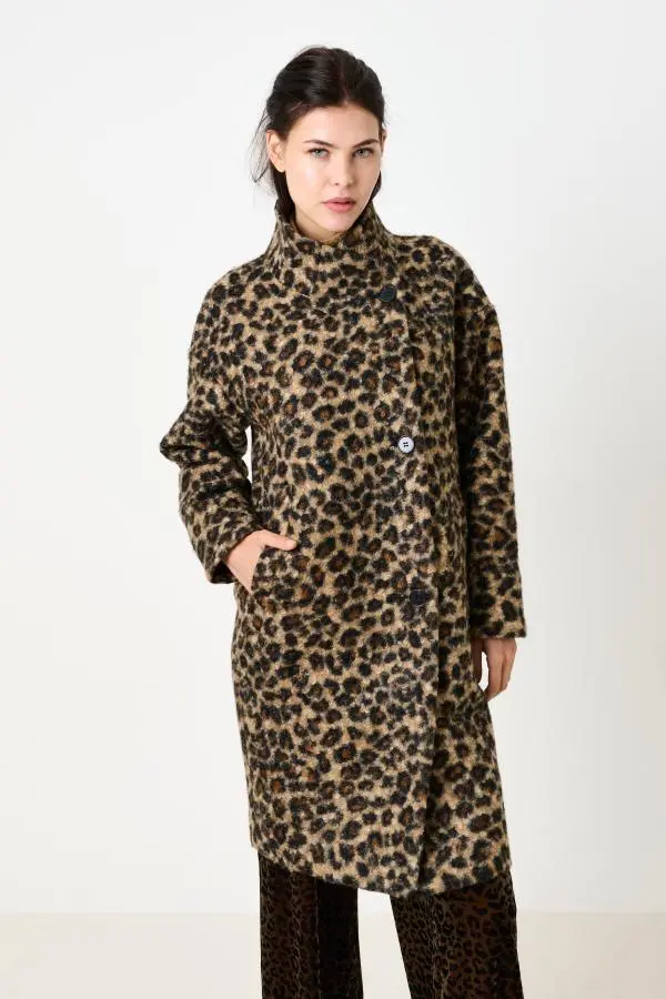 Donalda Animal Funnel Neck Coat - Taupe