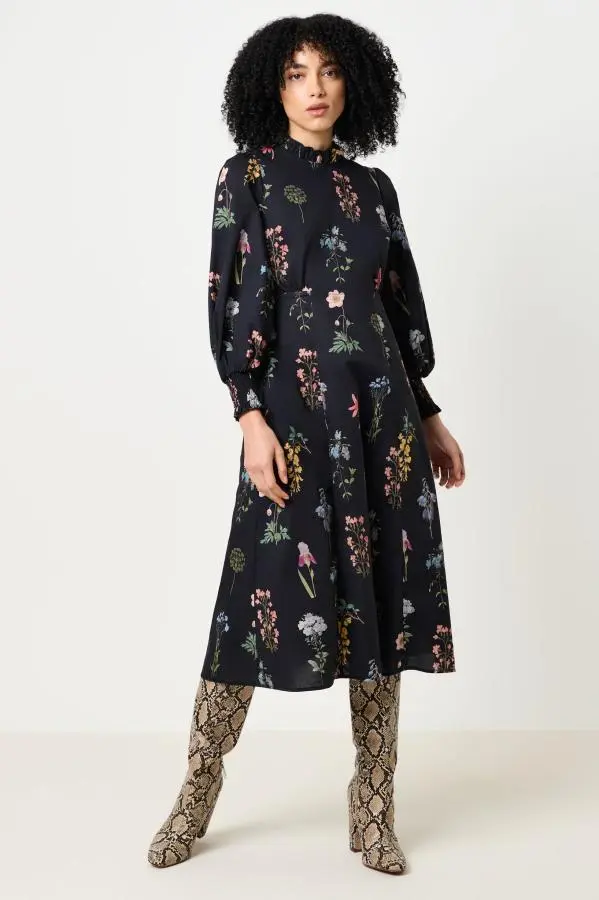 Jessie Flower Press Print Frill Neck Midi Dress