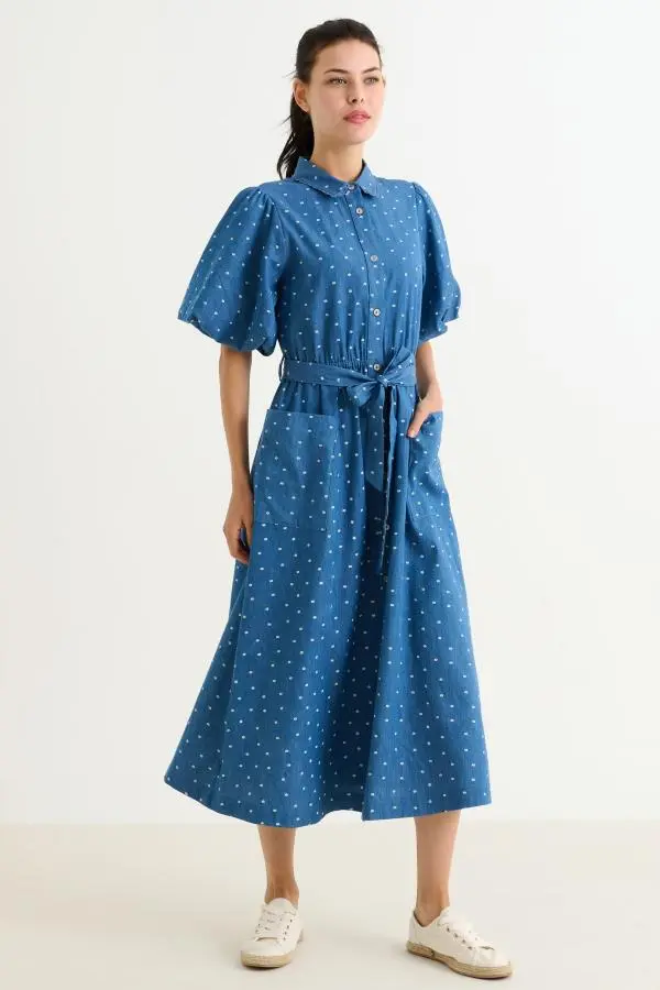 Lola Flower Dot Print Balloon Sleeve Shirtdress - Blue