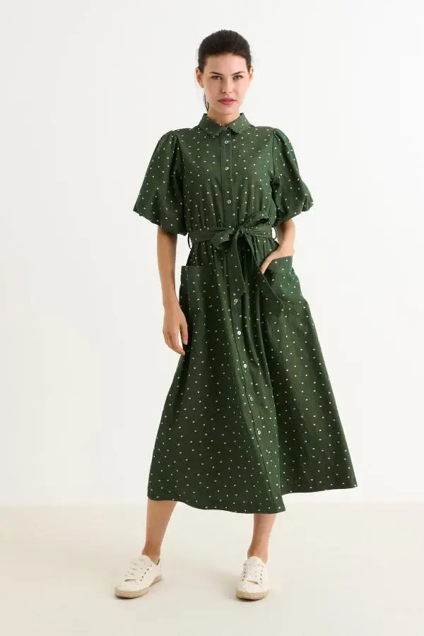 Lola Flower Dot Print Balloon Sleeve Shirtdress - Fern Green
