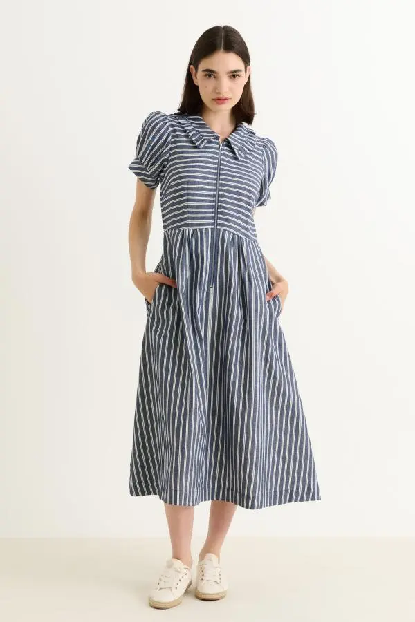 Yassine Ticking Stripe Midi Dress - Navy & White