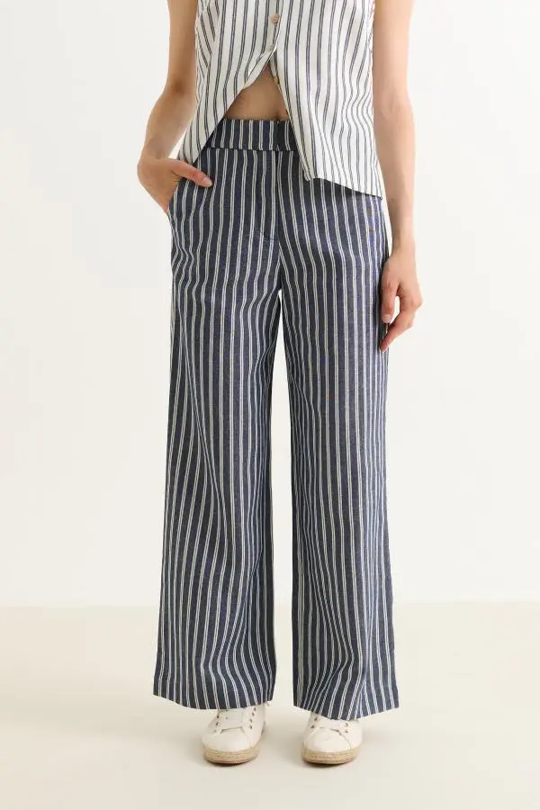 Tilde Ticking Stripe Straight Cut Trouser - Navy&White