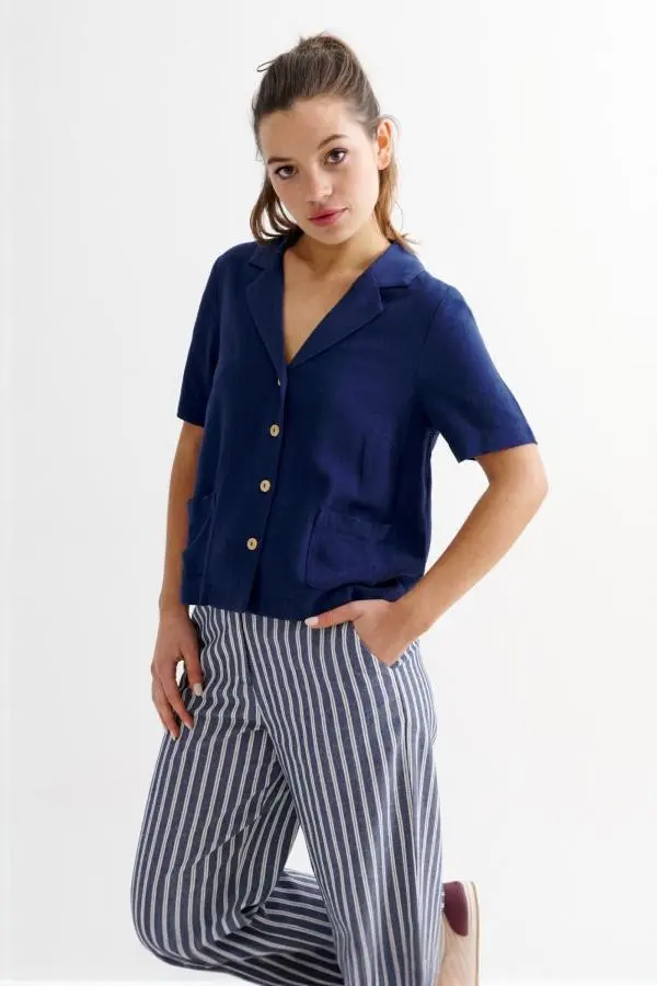 Kit Linen Mix 2 Pocket Short Sleeve Shirt - Navy