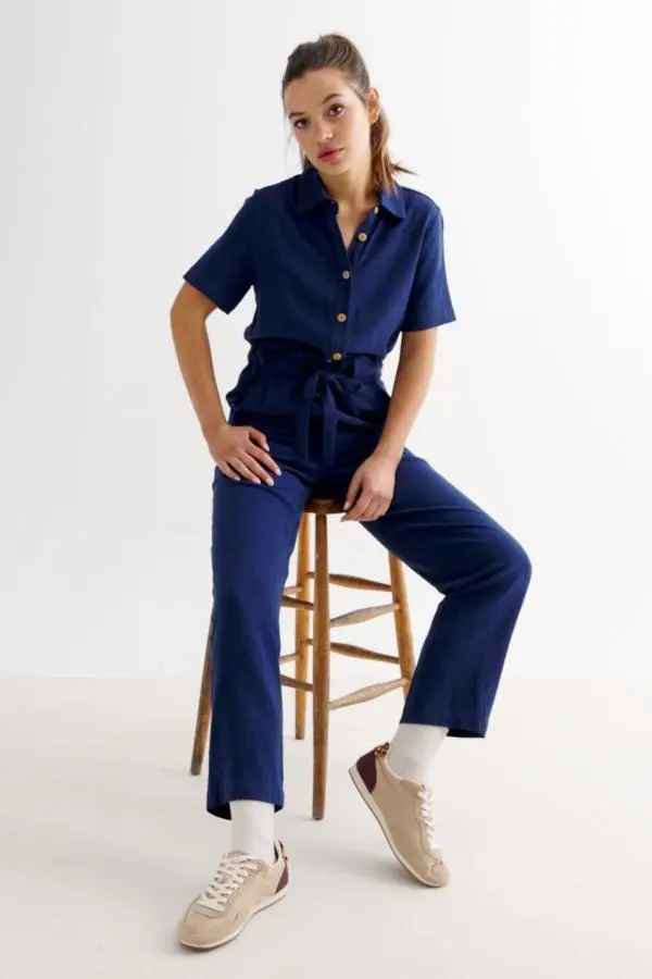 Justin Linen Mix Short Sleeve Jumpsuit - Navy