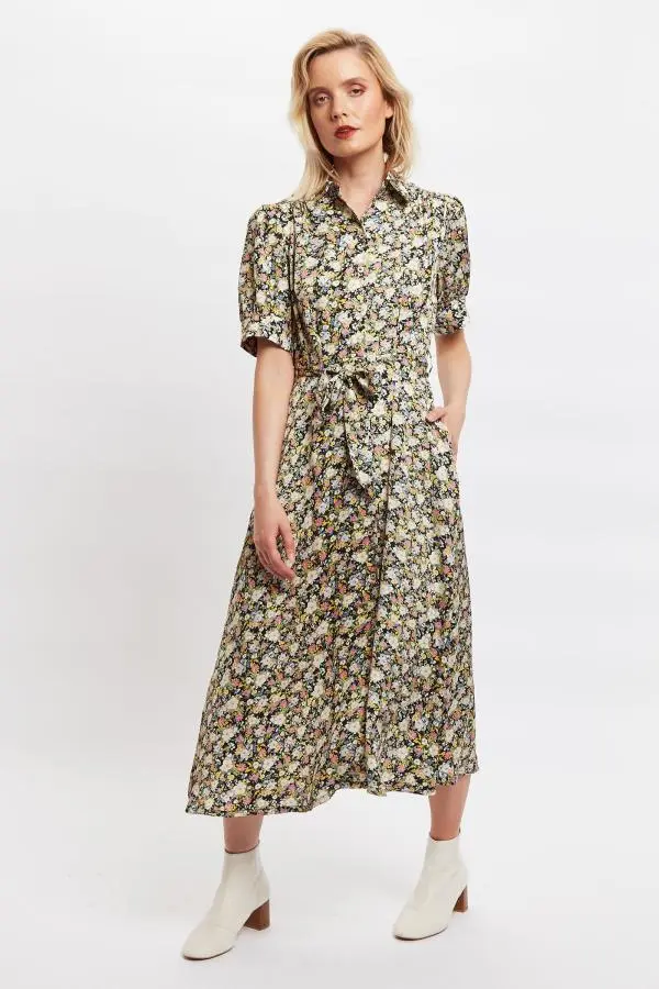 Louche Melia Petal Parade Print Short Sleeve Midi Tea Dress