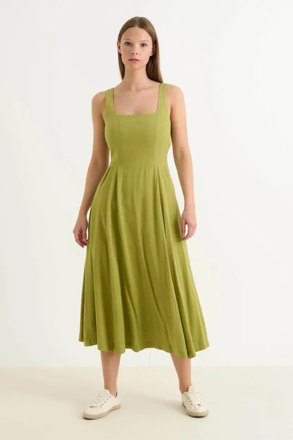 Baya Linen Mix Square Neck Midi Dress - Avocado Green