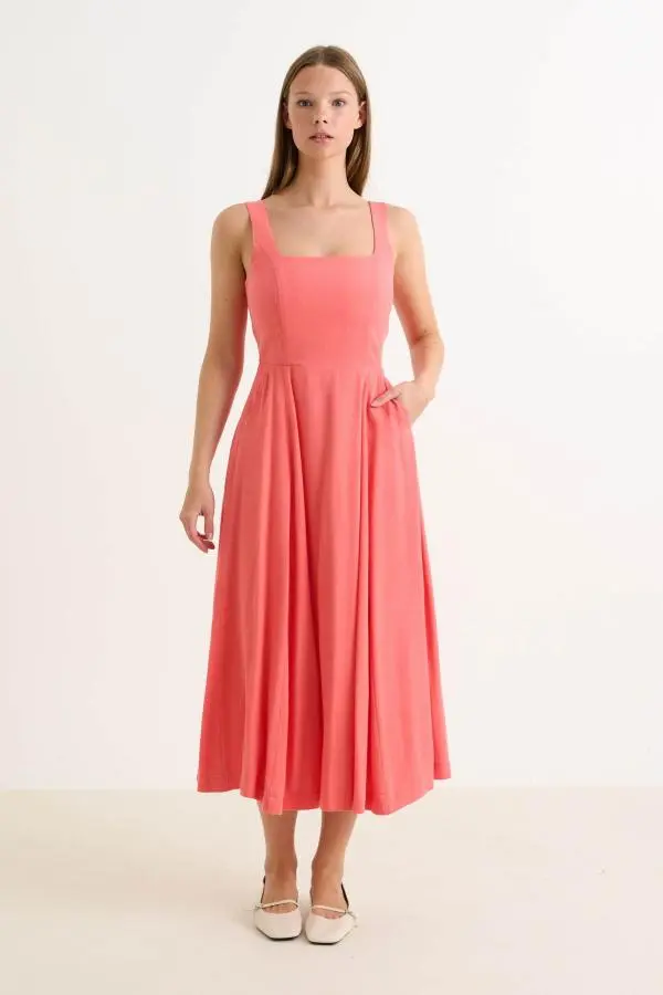 Baya Linen Mix Square Neck Midi Dress- Coral