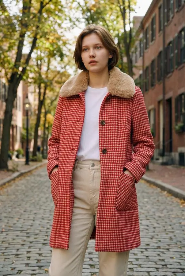 Dryden Red And White Herringbone Fur Collar Car Coat