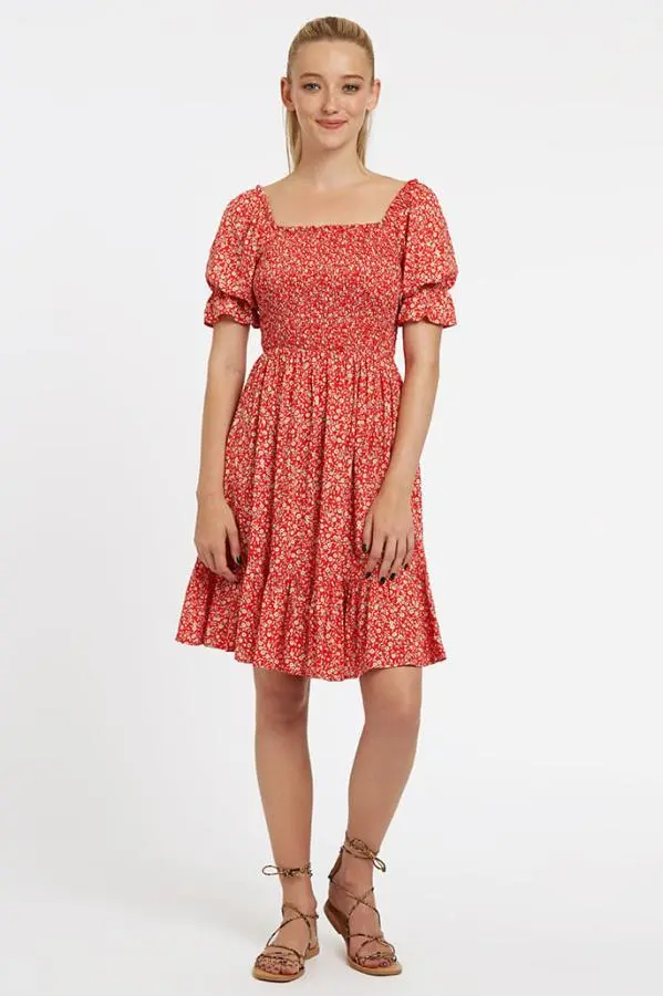 Louche Emeline Shrubbery Print Smocked Bodice Puff Sleeve Mini Dress - Red