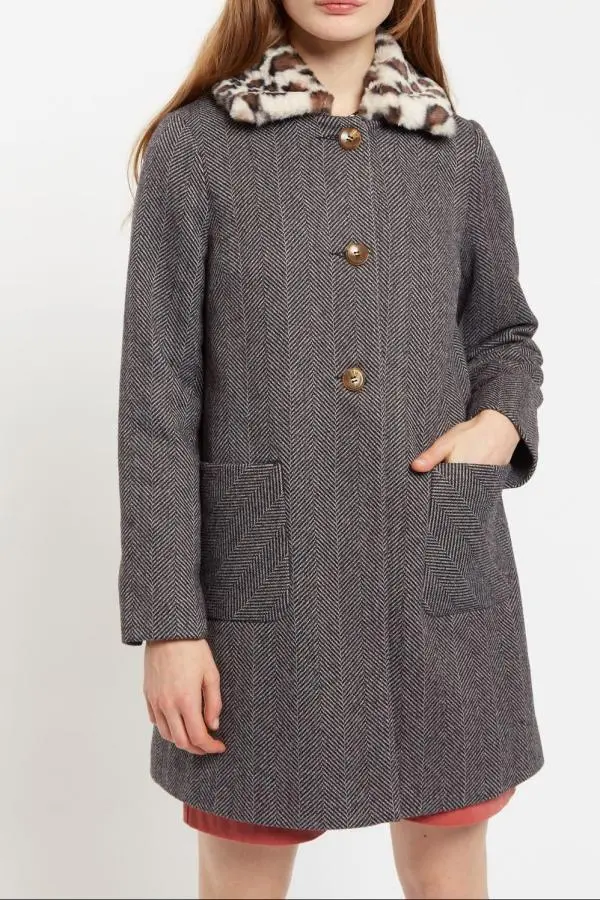 Dryden Herringbone Faux Fur Collar A Line Coat