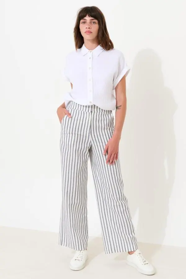Tilde Ticking Stripe Straight Cut Trouser - White & Navy