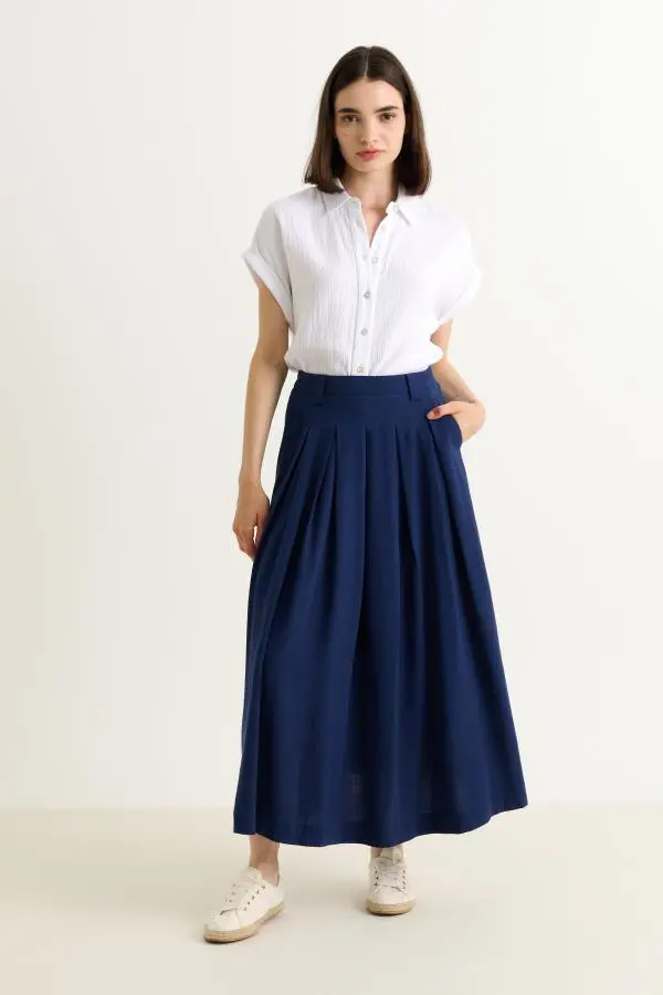 Alexia Linen Mix Midaxi Skirt - Navy