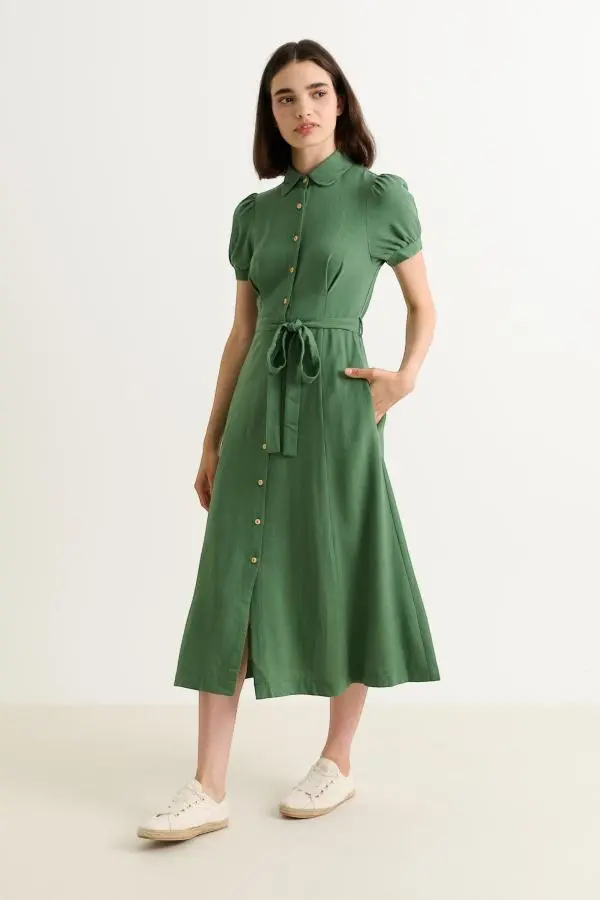Joselyne Linen Mix Midi Shirt Dress - Green
