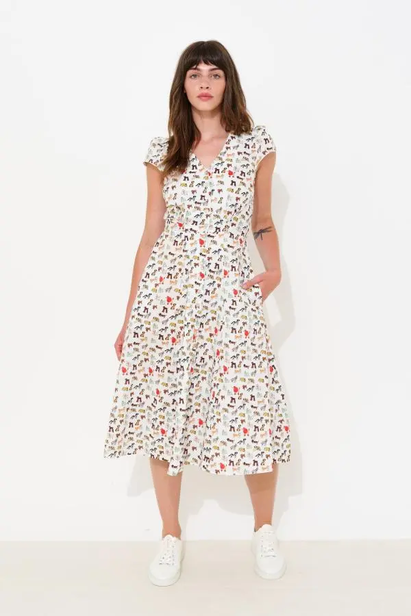 Cathy Dogs Day Print Midi Tea Dress - Multi