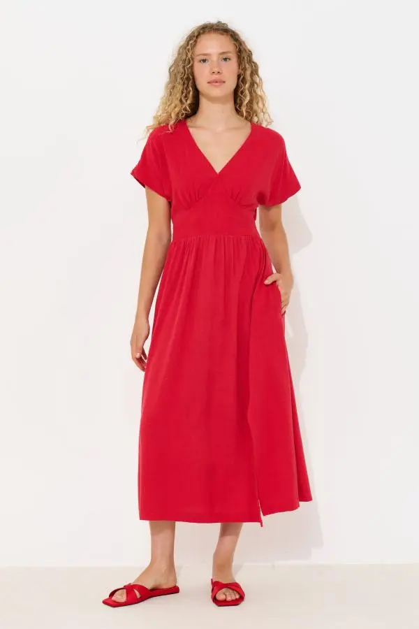 Unity Linen Mix V-Neck Midi Dress - Red