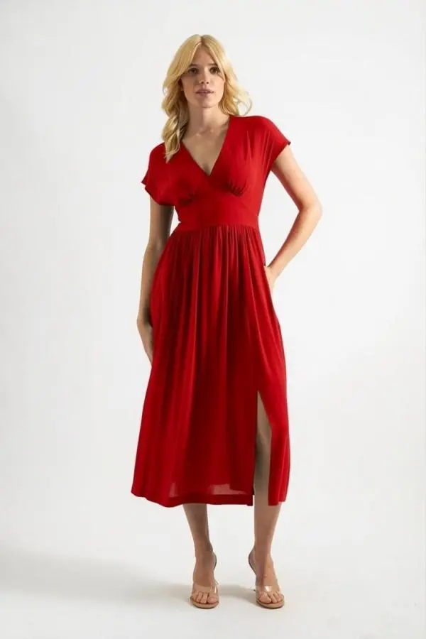 Unity Linen Mix V-Neck Midi Dress - Red