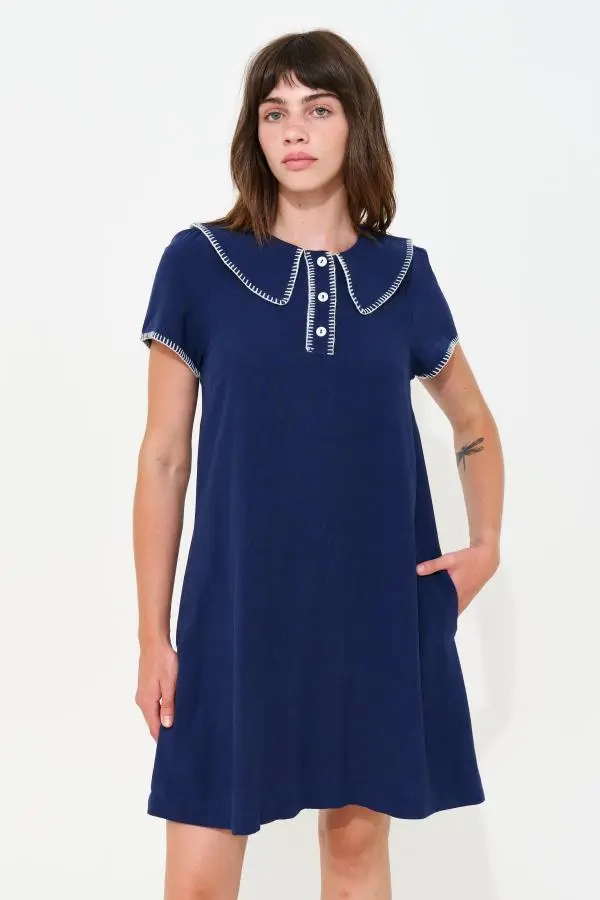 Dot Blanket Stitch A-Line Mini Dress - Navy