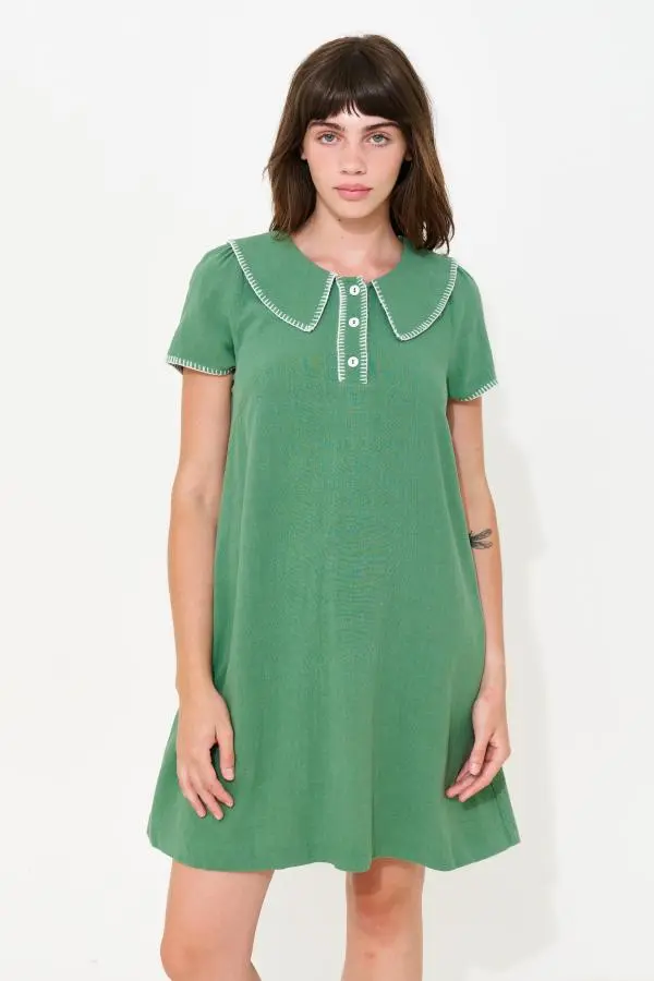 Dot Blanket Stitch A-Line Mini Dress - Green