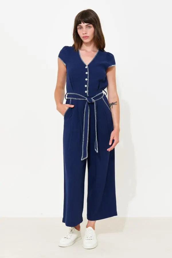 Marleen Blanket Stitch Jumpsuit - Navy