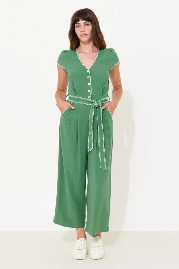 Marleen Blanket Stitch Linen Mix Jumpsuit - Green