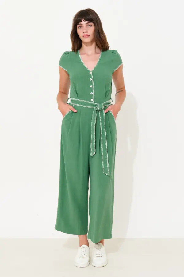 Marleen Blanket Stitch Linen Mix Jumpsuit - Green