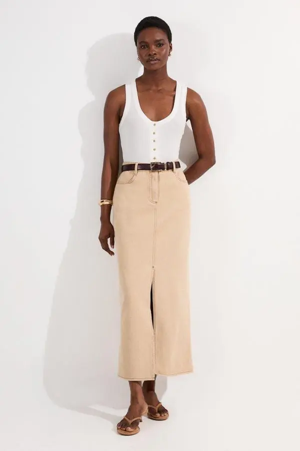 Denim Maxi Skirt - Brown