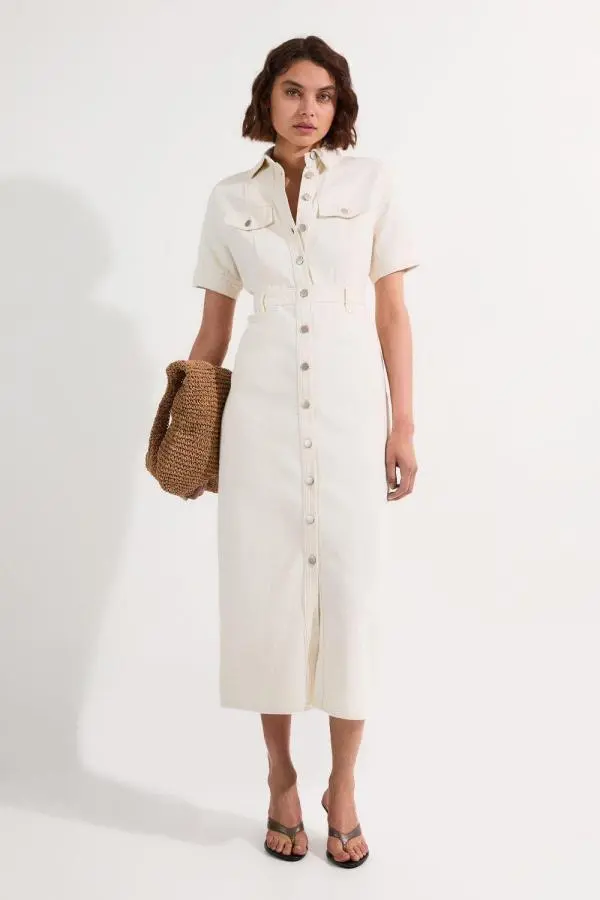 Denim Maxi Shirt Dress - Cream