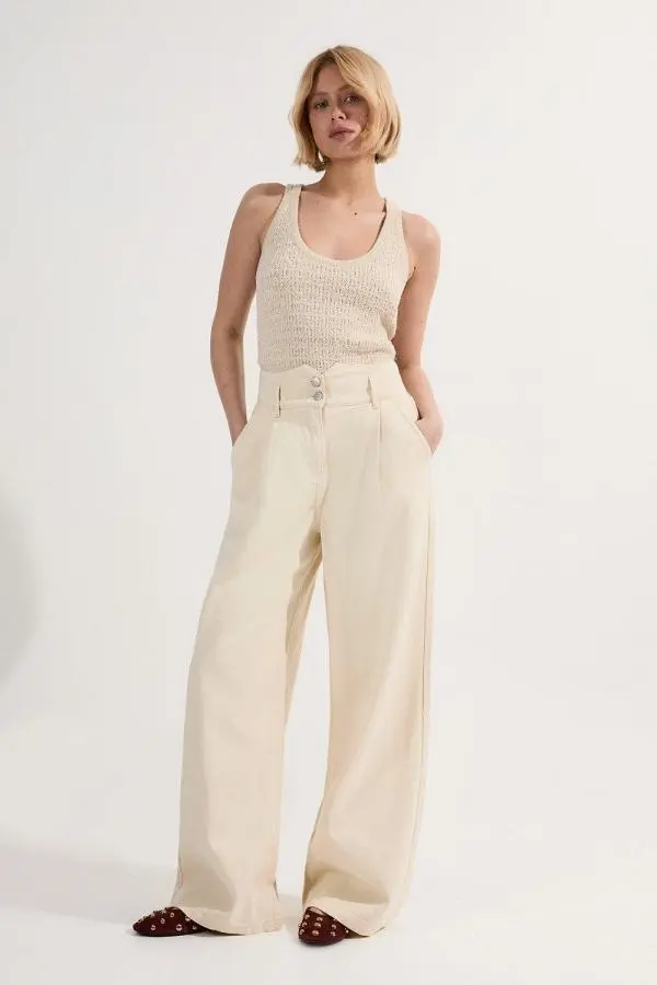 Denim Wide Leg Trousers - Cream