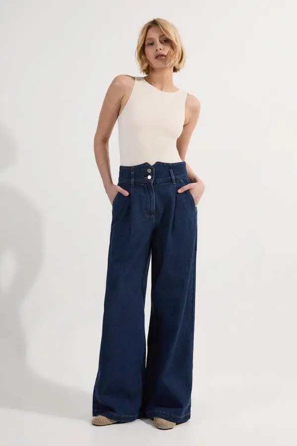 Denim Wide Leg Trousers - Indigo
