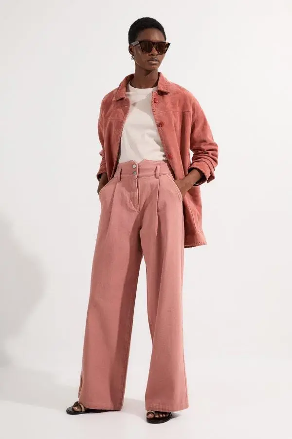 Denim Wide Leg Trousers - Pink