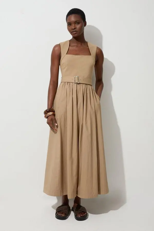 Scoop Neck Jersey Cotton Mix Maxi Dress - Camel
