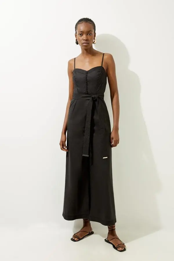 Cotton Top Stitch Pleated Woven Jumpsuit - Black